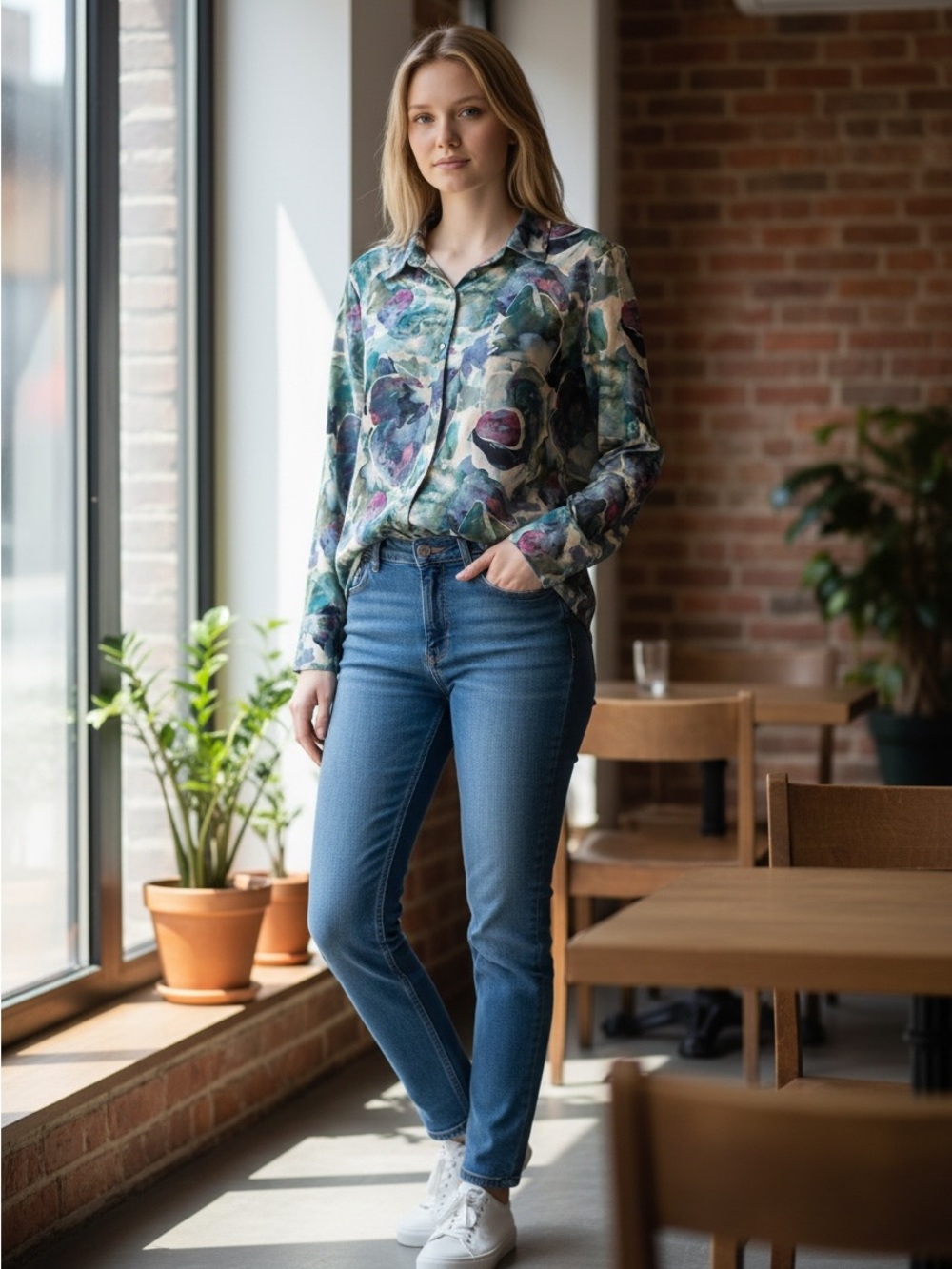 Attitudes by Renee Watercolor Floral Button Front Blouse M
